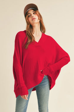 Oversized V-Neck Sweater Top Red