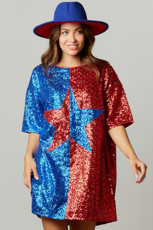 Color Block Sequin Shirt Star Dress Red/Blue