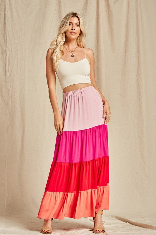Rayon Spandex Color Block Maxi Skirt Multi