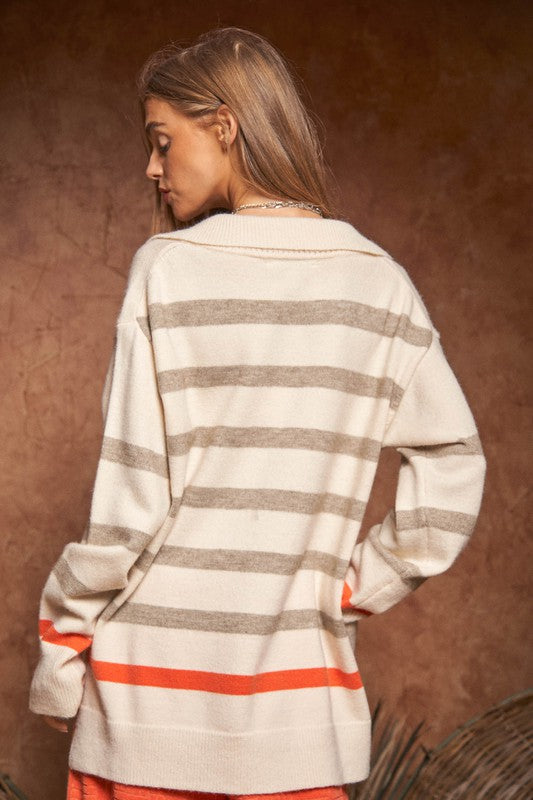 Stripe V-Neck Knit Sweater Top Cream Beige