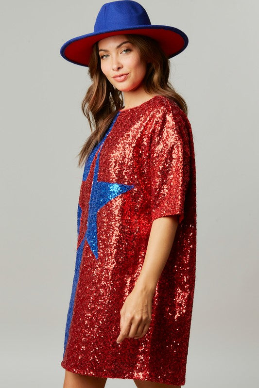 Color Block Sequin Shirt Star Dress Red/Blue