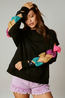 French Terry Sequin Multicolor Bow Sweatshirt Black