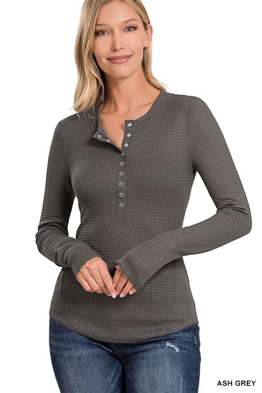 Waffle Snap Button Sweater Top Grey