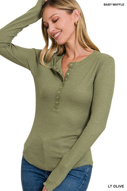 Waffle Snap Button Sweater Top Olive