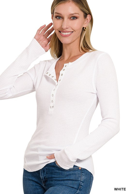 Waffle Snap Button Sweater Top White