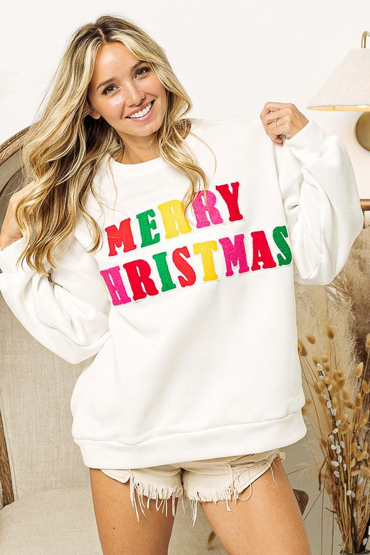 Merry Christmas Letter Patches Pullover White