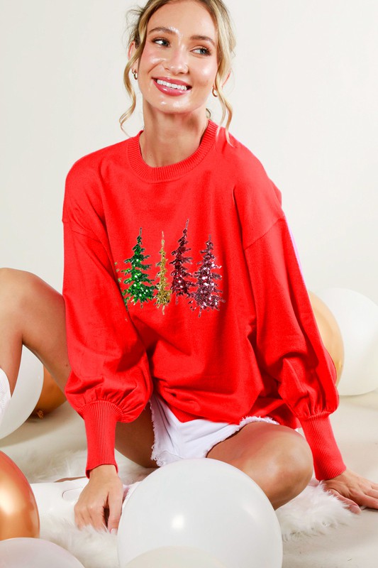 Christmas Trees Sequin Detail Sweater Top Red