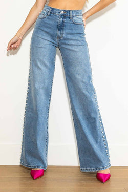 Pearl Stud High Rise Wide Jeans Medium Stone