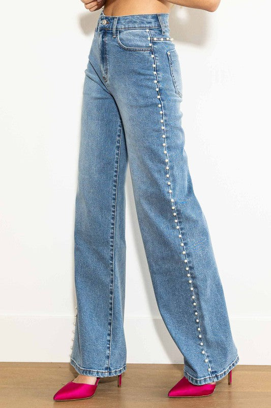 Pearl Stud High Rise Wide Jeans Medium Stone