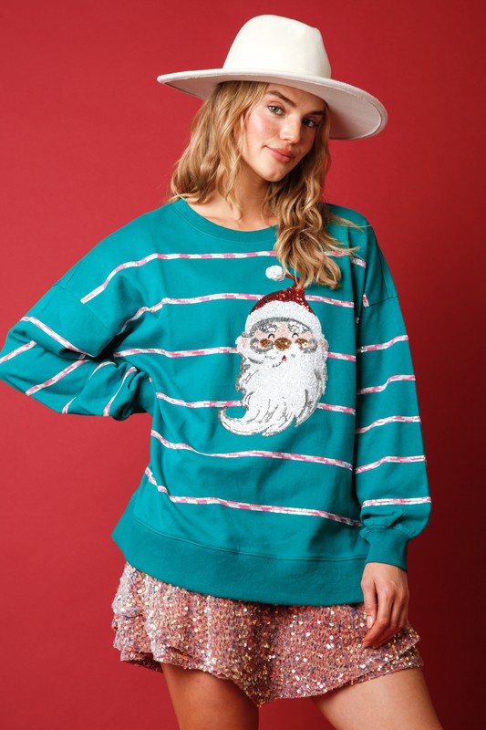 Sequin Striped Santa Patch Sweatshirt Teal