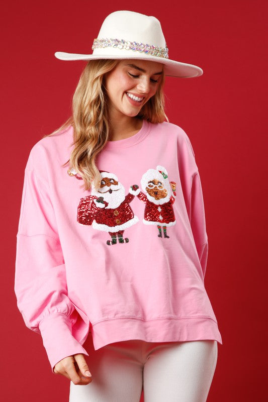 Sequin Santa & Mrs. Claus Sweatshirt Pink
