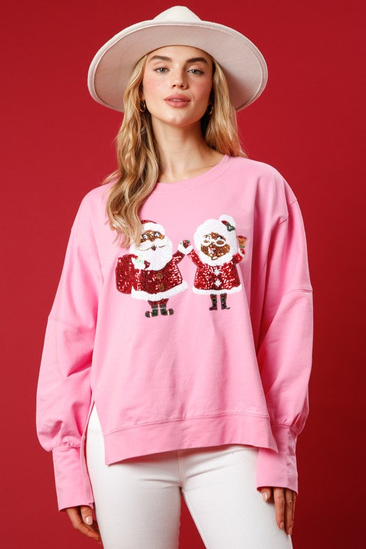 Sequin Santa & Mrs. Claus Sweatshirt Pink
