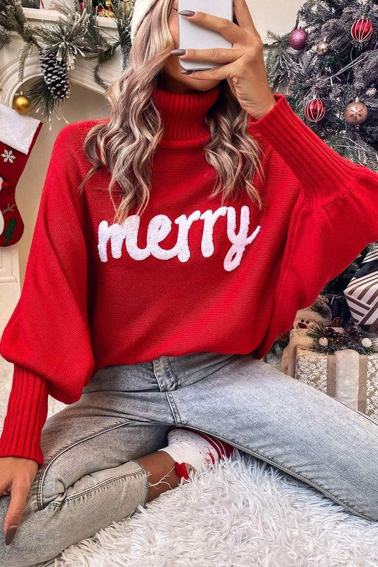 Turtleneck Batwing Merry Christmas Sweater Red