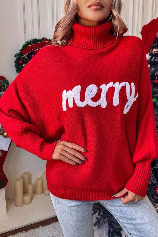 Turtleneck Batwing Merry Christmas Sweater Red