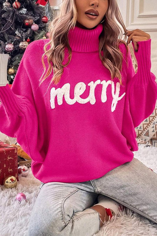 Turtleneck Batwing Merry Christmas Sweater Pink