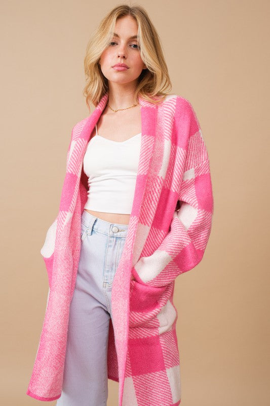 Gingham Pattern Soft Cardigan Sweater Pink