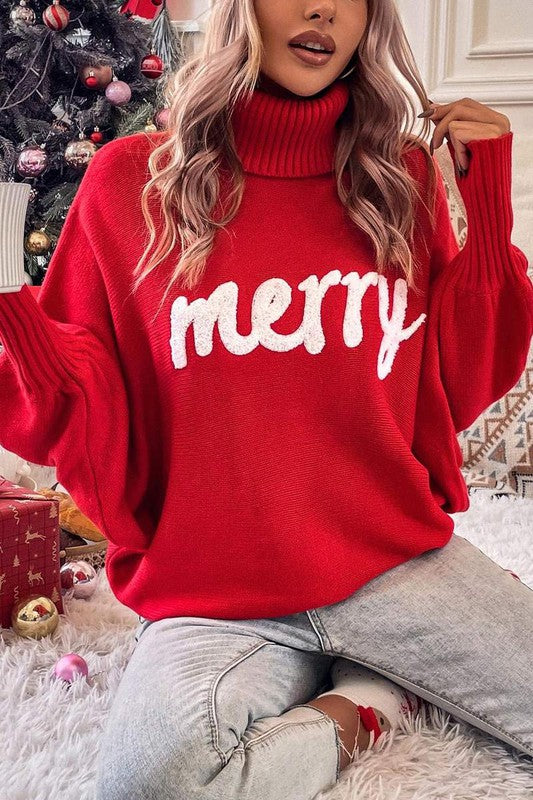 Turtleneck Batwing Merry Christmas Sweater Red