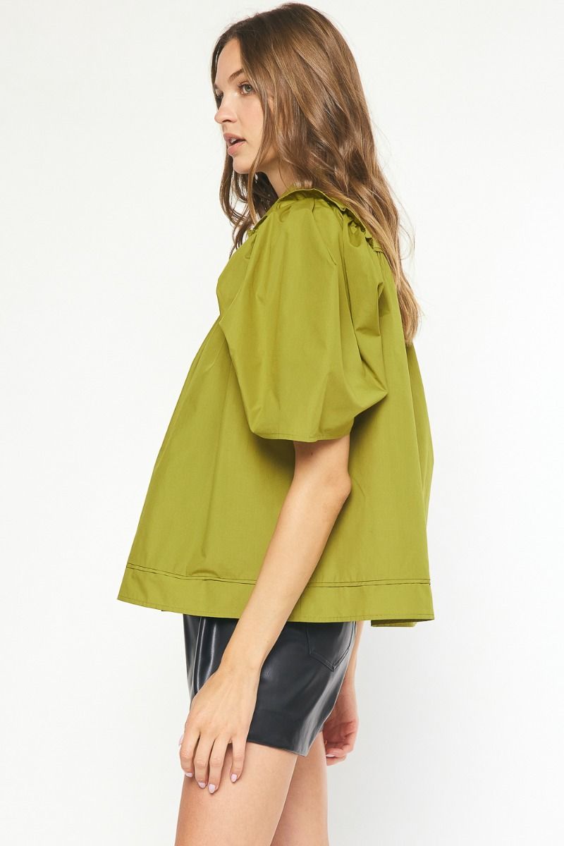 Solid Button Up Half Sleeve Top Olive