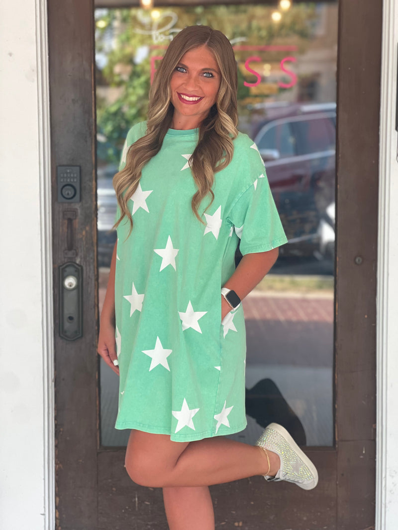 Star Print Mineral Washed Tunic Dress Green
