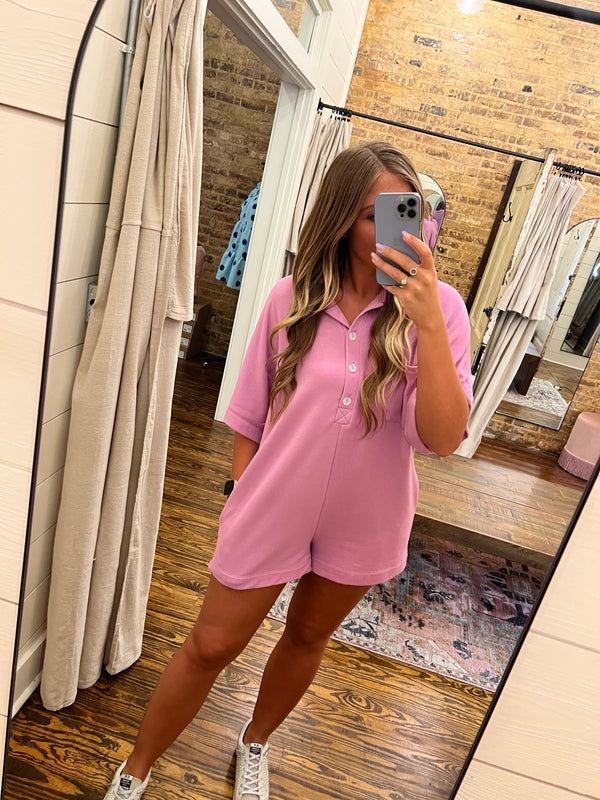 Oversize Button Up Collared Romper Lavender