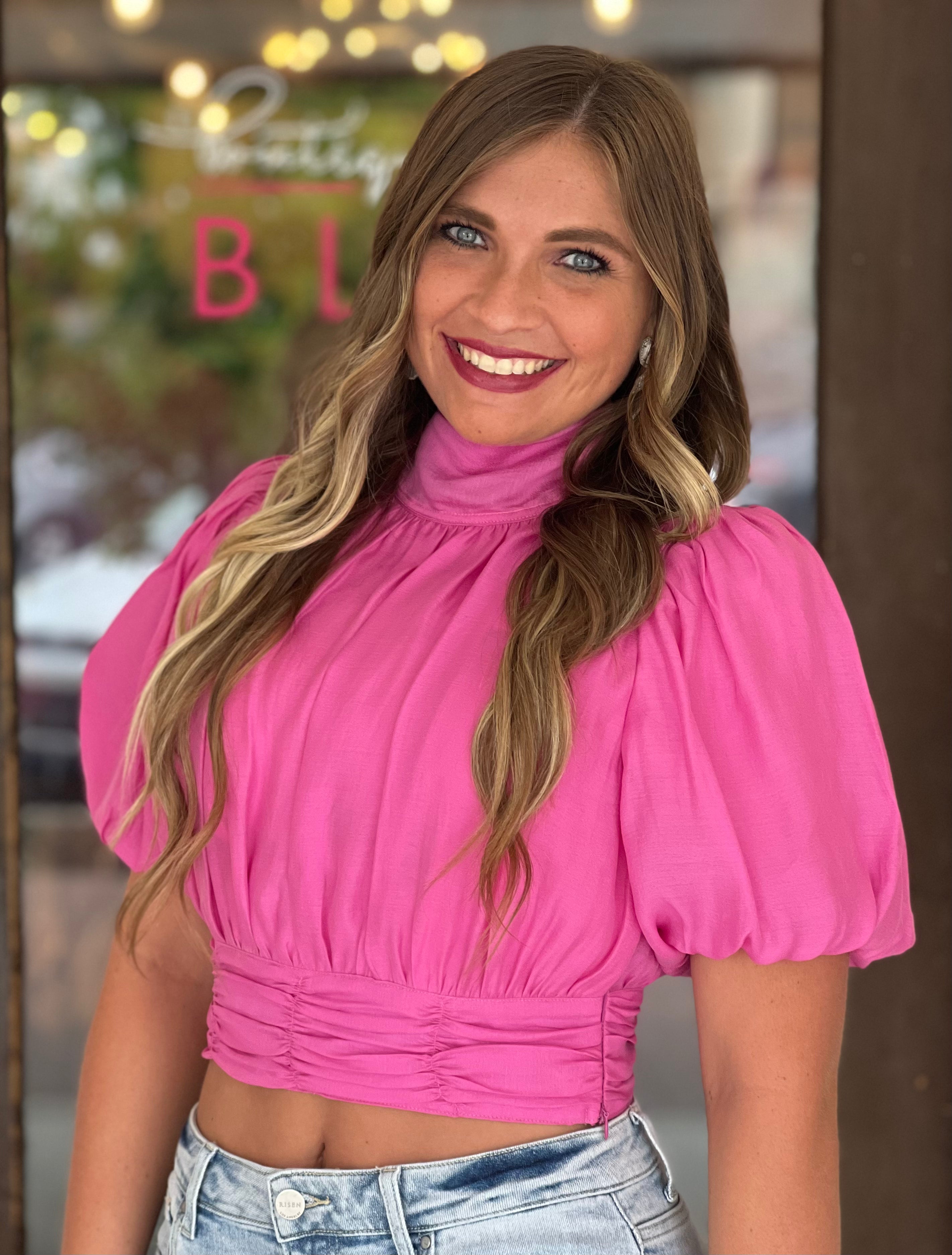 Satin High-Neck Puff Sleeve Top Orchid - Southern Fashion Boutique