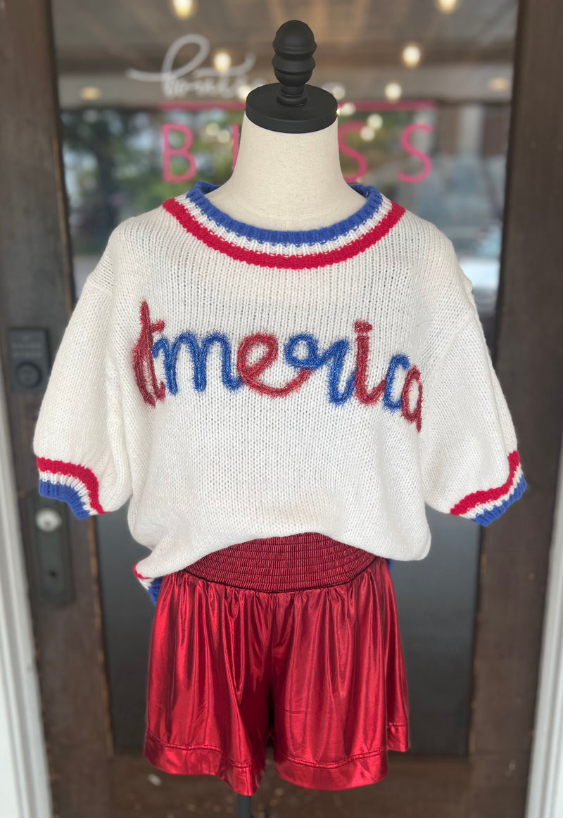 Metallic America Letter Sweater Top Ivory