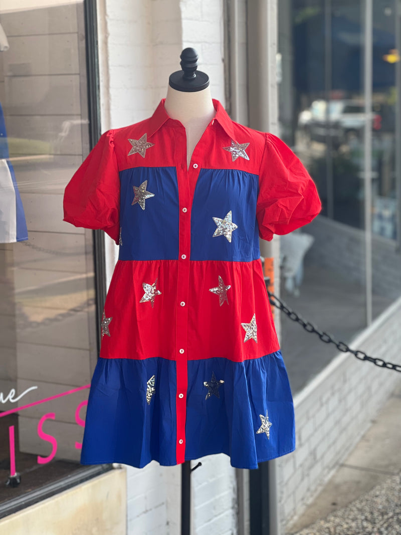 Poplin Button Down Sequin Tiered Dress Red/Royal