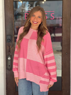 Color Block Stripe Sleeve Sweater Pink/Fuchsia