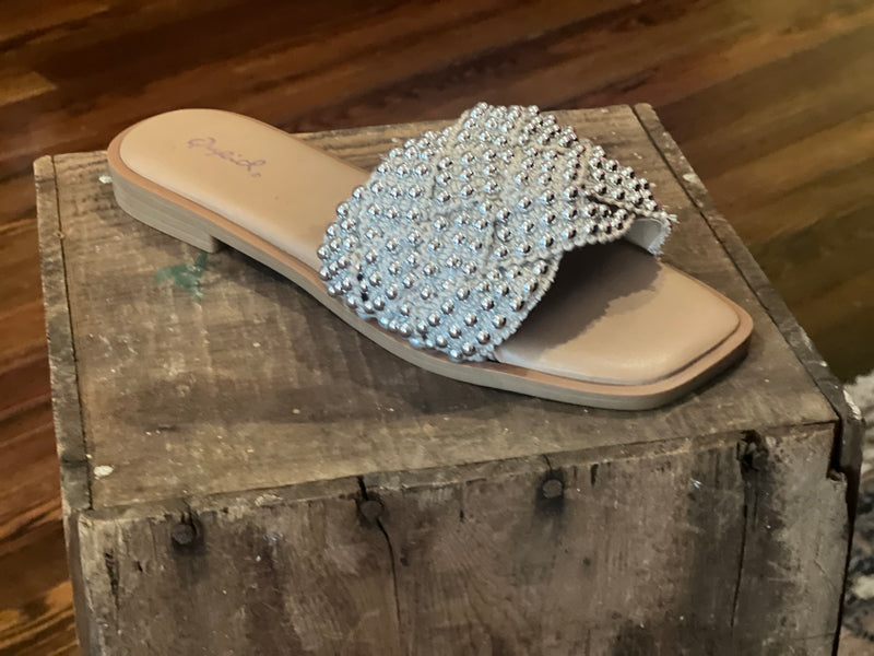 Silver Stud Knitted Woven Strap Slide Nude/Silver