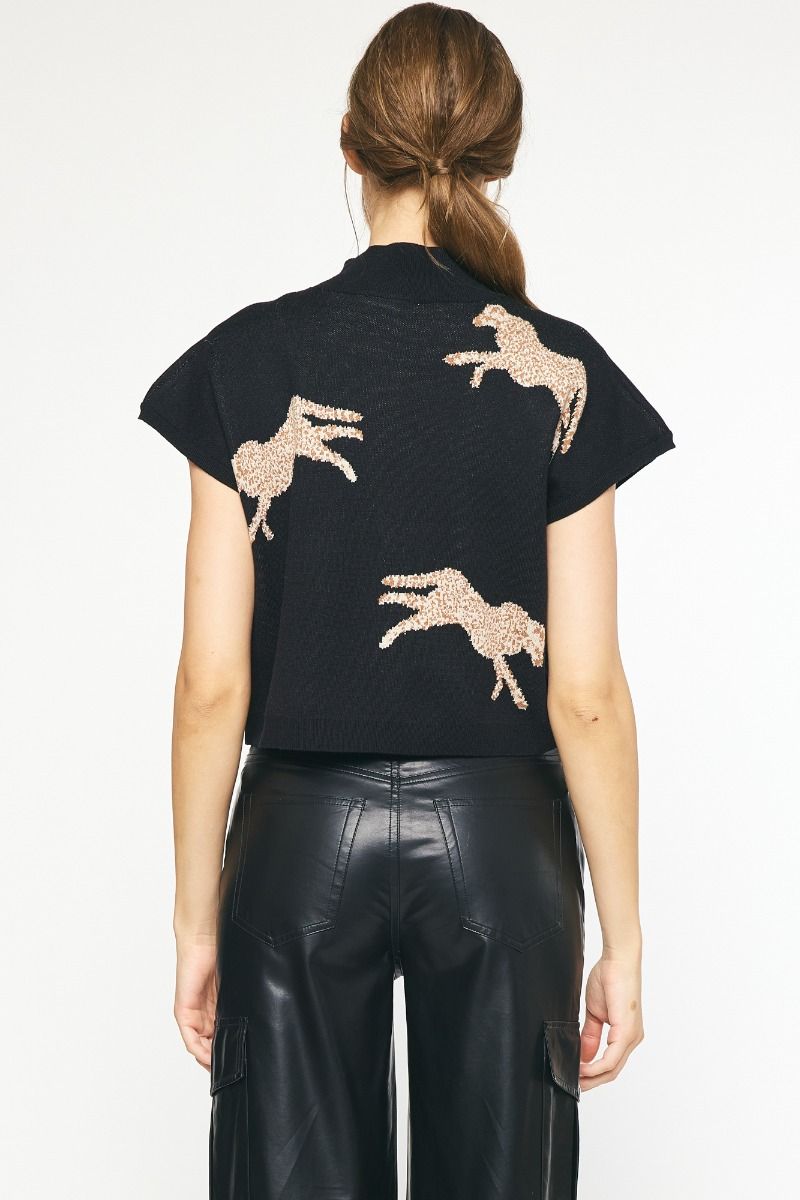 Leopard Print Mock Neck Sweater Top Black