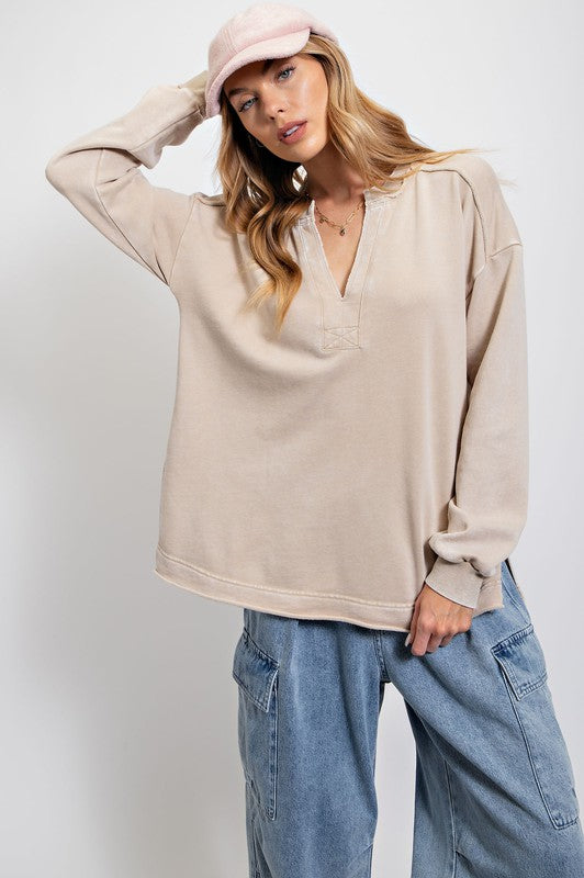 Mineral Washed Terry Knit Pullover Khaki