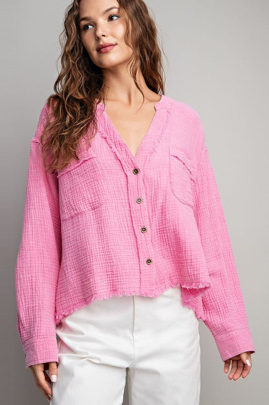 Cotton Gauze Button Down Shirt Bubble Pink