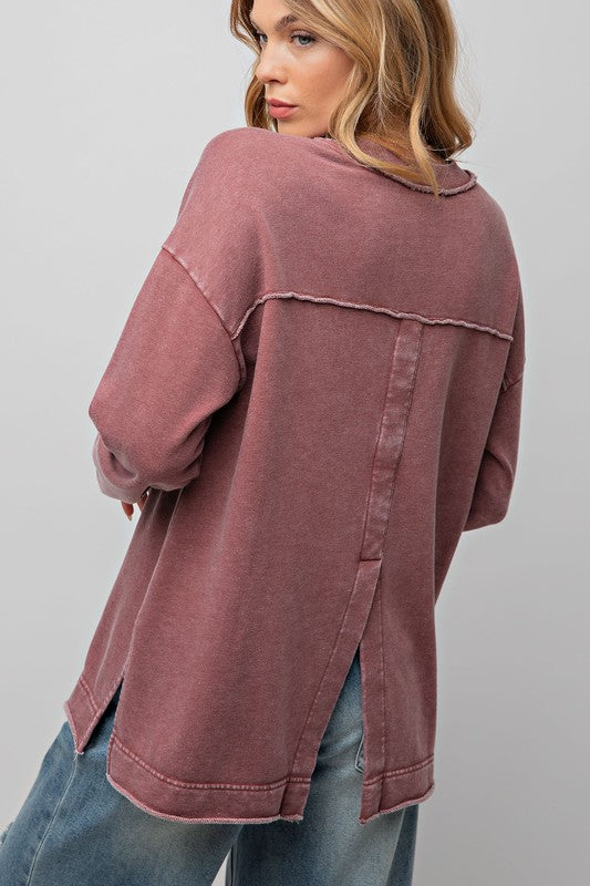 Mineral Washed Terry Knit Pullover Mulberry