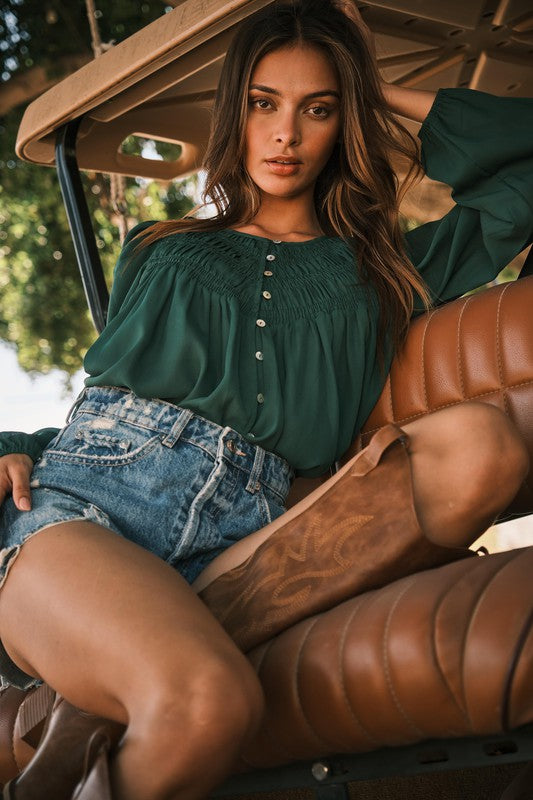 Solid Shirring Detailed Blouse Top Forest Green