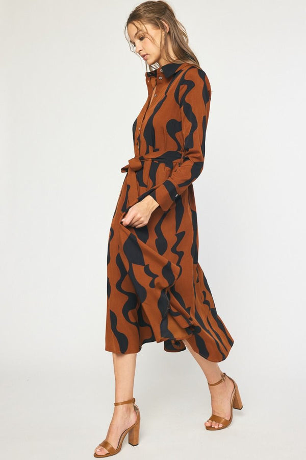 Printed Collared Button Up Midi Dress Brown
