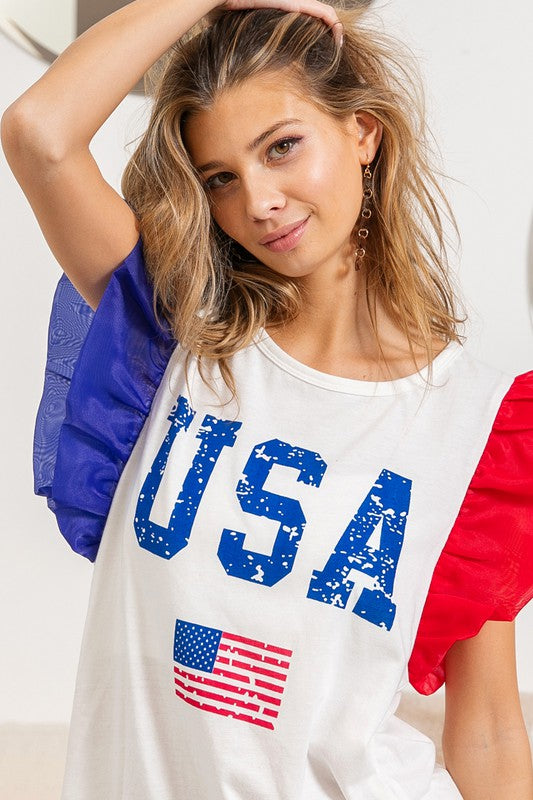 USA Theme Color Block Ruffle Sleeve Top White