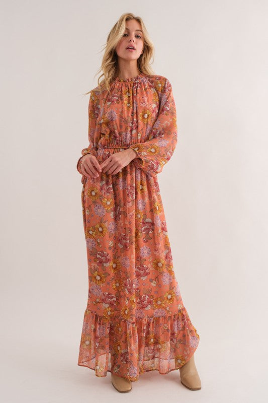 Floral Print Tiered Maxi Dress Coral