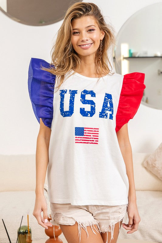 USA Theme Color Block Ruffle Sleeve Top White