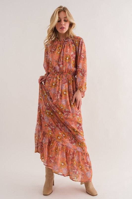 Floral Print Tiered Maxi Dress Coral