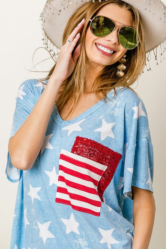 Vintage Star Print Sequin Stripe Top Light Blue