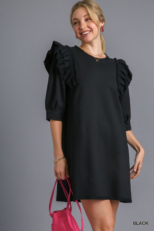 French Terry Ruffle Sleeve Dress Black