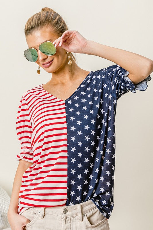 American Flag Theme Puff Sleeve Top Red/Navy