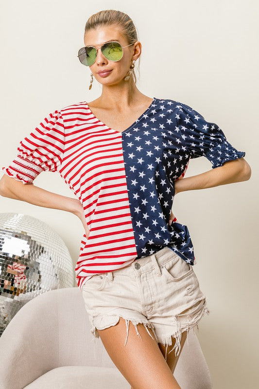American Flag Theme Puff Sleeve Top Red/Navy