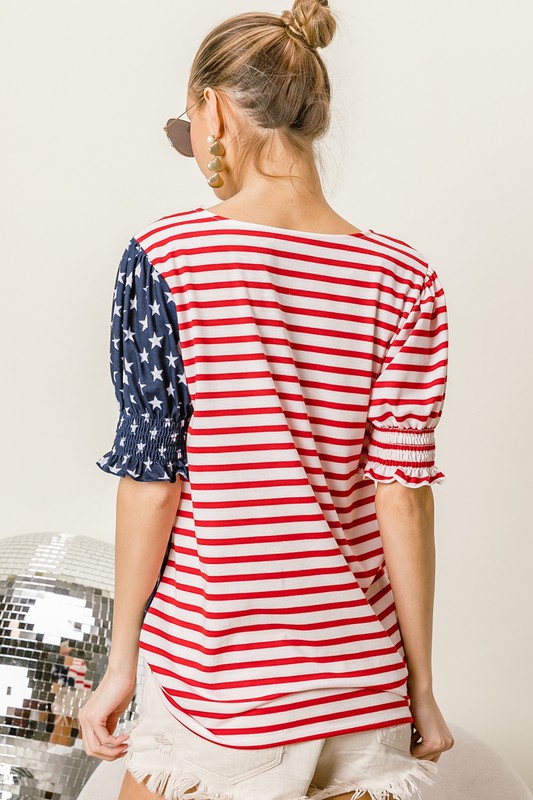 American Flag Theme Puff Sleeve Top Red/Navy