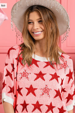 Pearl Beaded Star Pattern Top Red