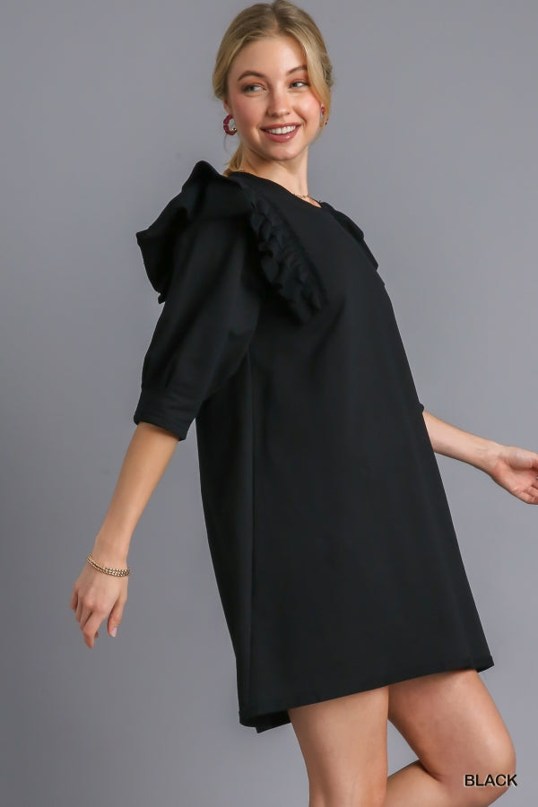 French Terry Ruffle Sleeve Dress Black