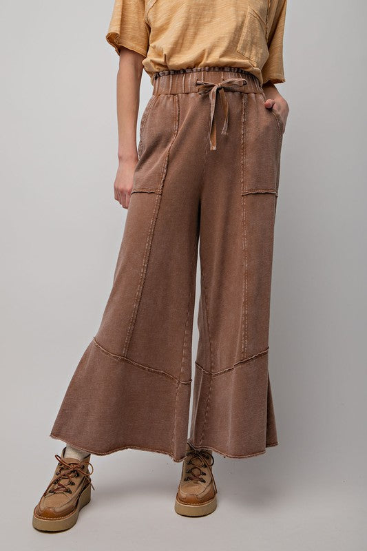 Mineral Washed Terry Knit Wide Leg Pants Brown