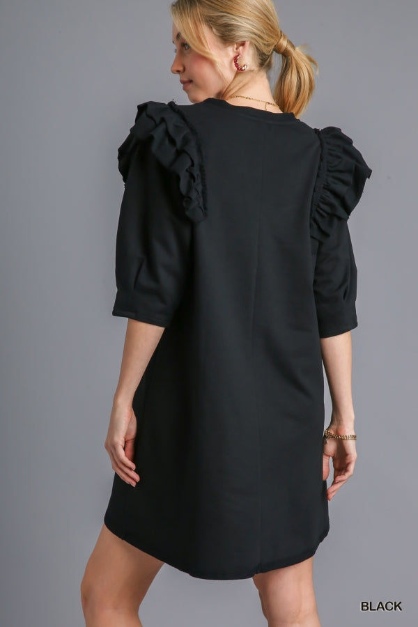French Terry Ruffle Sleeve Dress Black