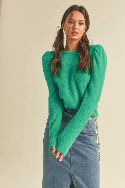 Fuzzy Knit Puff Sleeve Sweater Green