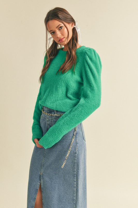 Fuzzy Knit Puff Sleeve Sweater Green